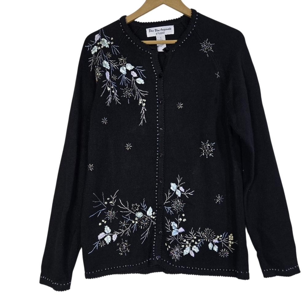 Star Blue Women's Size S Holiday  Black embellished long, cozy cardigan